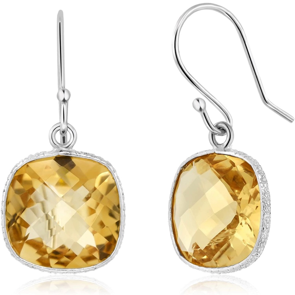 Sterling Silver Citrine Dangle Earrings Cushion Checkerboard Cut w/ Silk Pouch